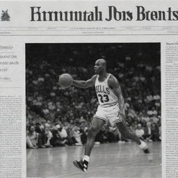 A digital image evoking a black and white newspaper front page, with a striking clip-like image of basketball legend Michael Jordan showcasing his athletic feats.