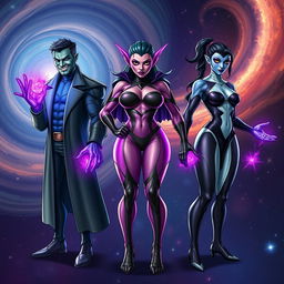 Three sets of triplets, each representing a different type of humanoid alien