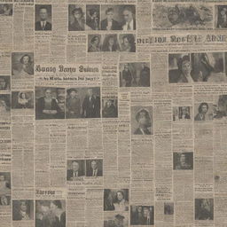 A detailed image that resembles vintage square-shaped newspaper front pages, filled with retro fonts, older-style photography, and articles that reflect the aesthetics of a historical era.