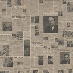 A detailed image that resembles vintage square-shaped newspaper front pages, filled with retro fonts, older-style photography, and articles that reflect the aesthetics of a historical era.