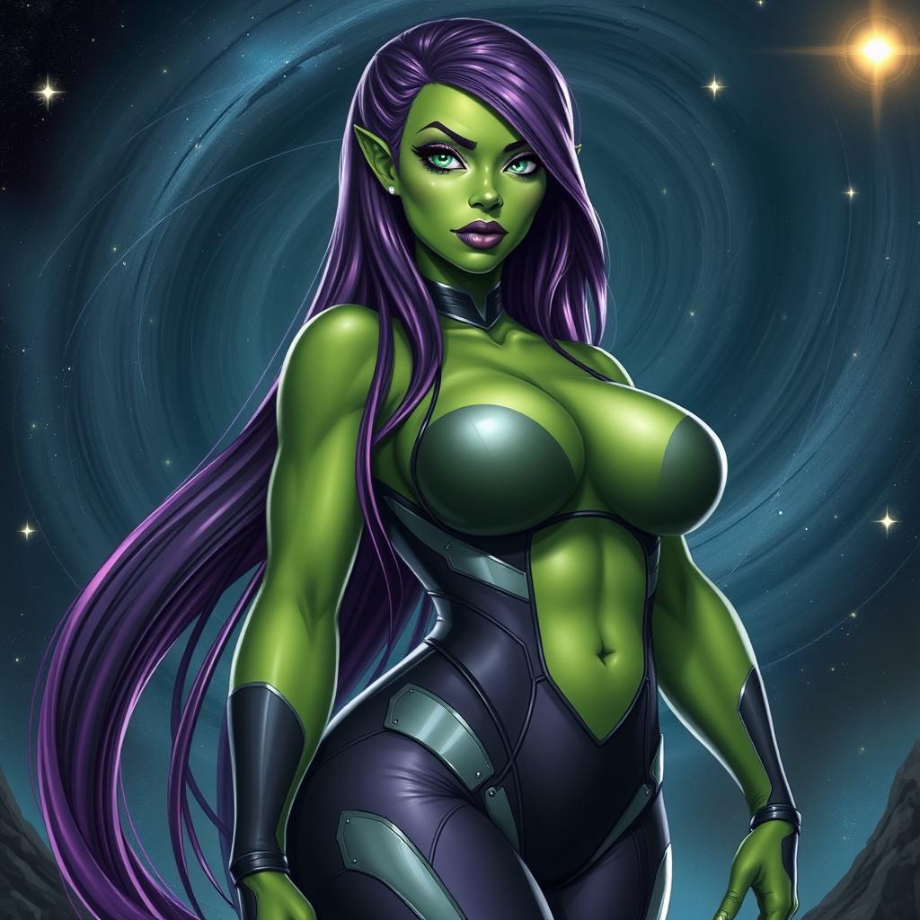 A realistic style portrait of a voluptuous alien woman, inspired by a female Strontian from Marvel Comics