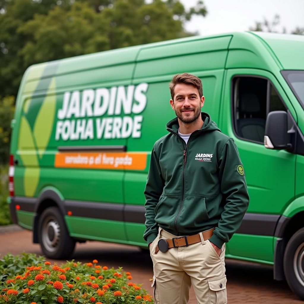 A commercial van prominently displaying the words 'JARDINS FOLHA VERDE' in Portuguese, parked in an appealing outdoor setting