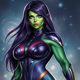 A realistic style portrait of a voluptuous alien woman, inspired by a female Strontian from Marvel Comics