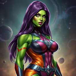 A realistic style portrait of a voluptuous alien woman, inspired by a female Strontian from Marvel Comics