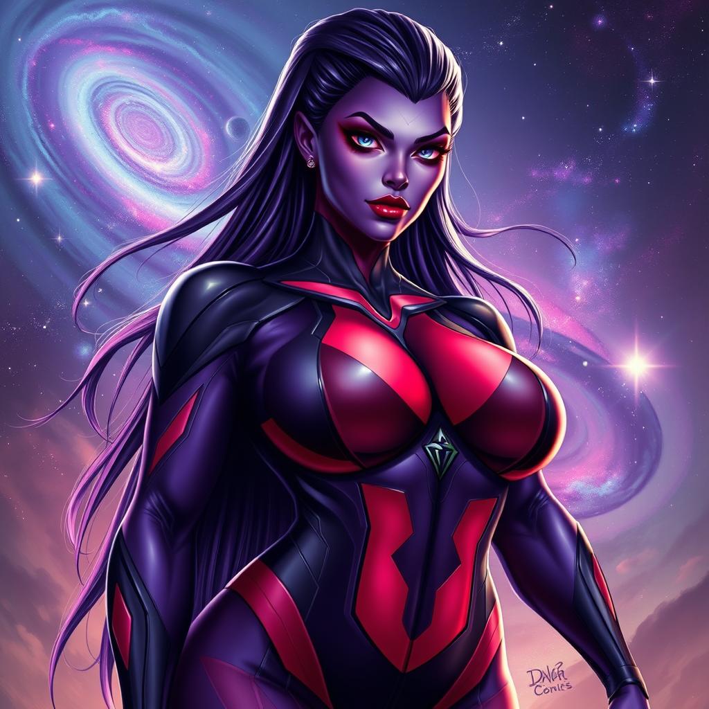 A realistic style portrait of a voluptuous alien woman, inspired by a female Strontian from Marvel Comics