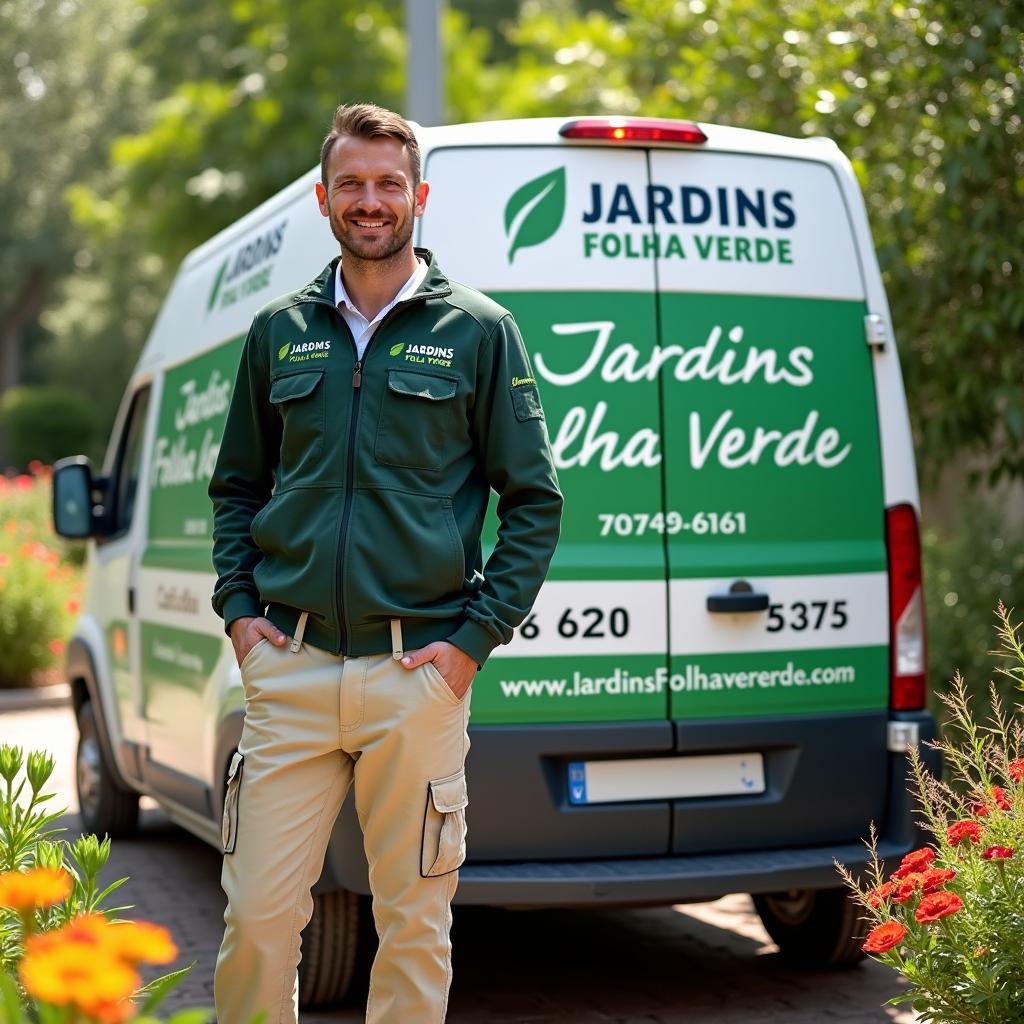 A white commercial van prominently displaying the advertisement 'JARDINS FOLHA VERDE', complete with a phone number and the website www