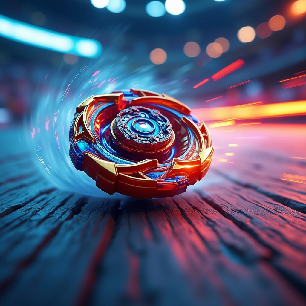 A close-up shot of a Beyblade spinning rapidly, creating a vibrant swirl of colors and dynamic motion effects