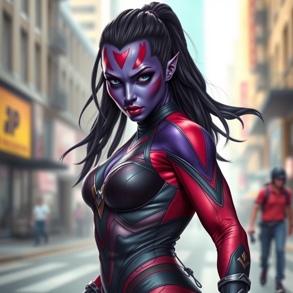 A realistic style portrait of an athletic alien woman inspired by the aesthetics of Lady Shiva