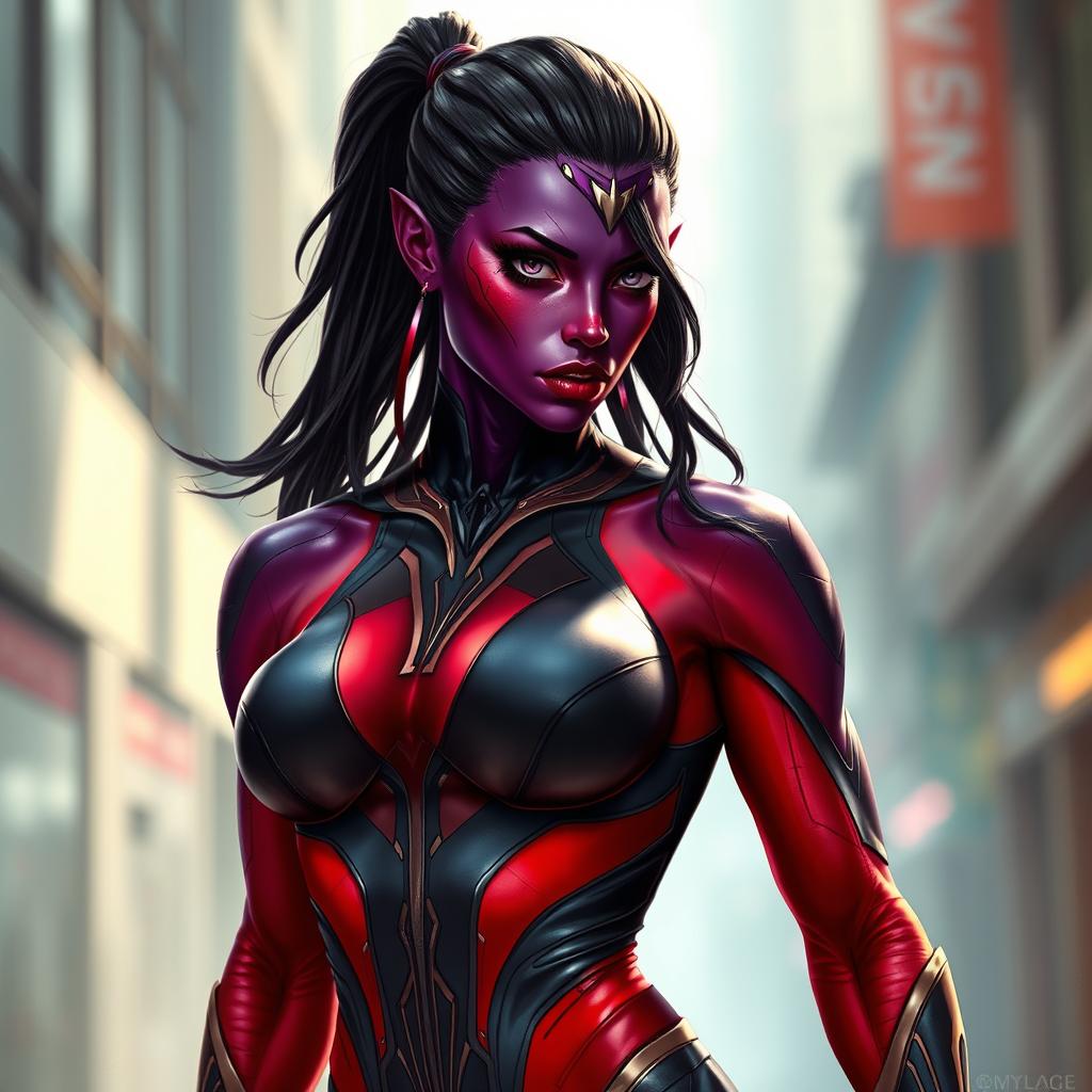 A realistic style portrait of an athletic alien woman inspired by the aesthetics of Lady Shiva