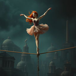 A graceful red-haired ballerina performing on a tightrope, her elegant pose illustrating a delicate balance