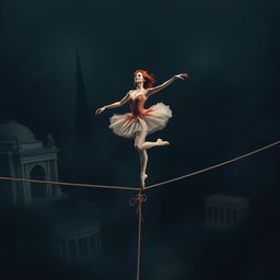 A graceful red-haired ballerina performing on a tightrope, her elegant pose illustrating a delicate balance