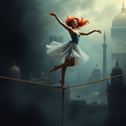 A graceful red-haired ballerina performing on a tightrope, her elegant pose illustrating a delicate balance