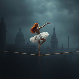 A graceful red-haired ballerina performing on a tightrope, her elegant pose illustrating a delicate balance