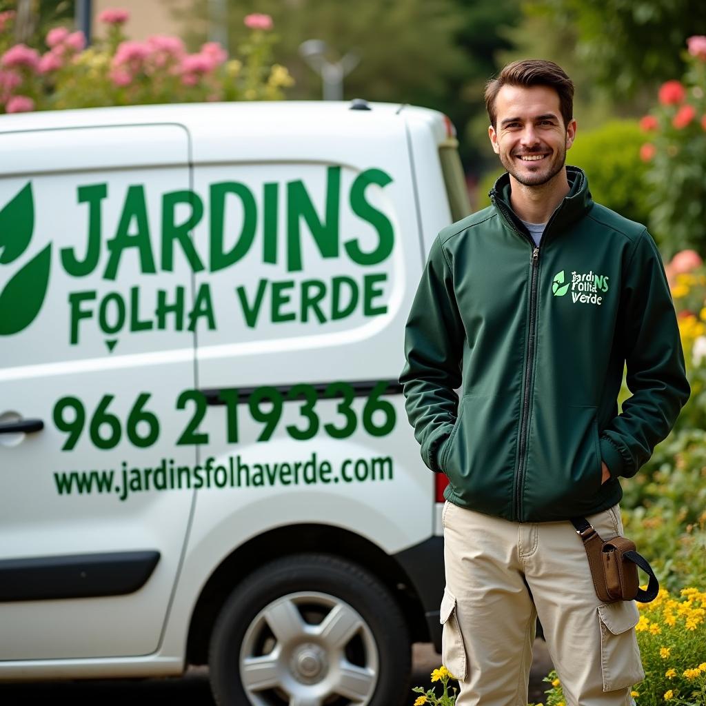 A small white commercial van prominently displaying the words 'JARDINS FOLHA VERDE' along with a phone number 965219336 and the website www