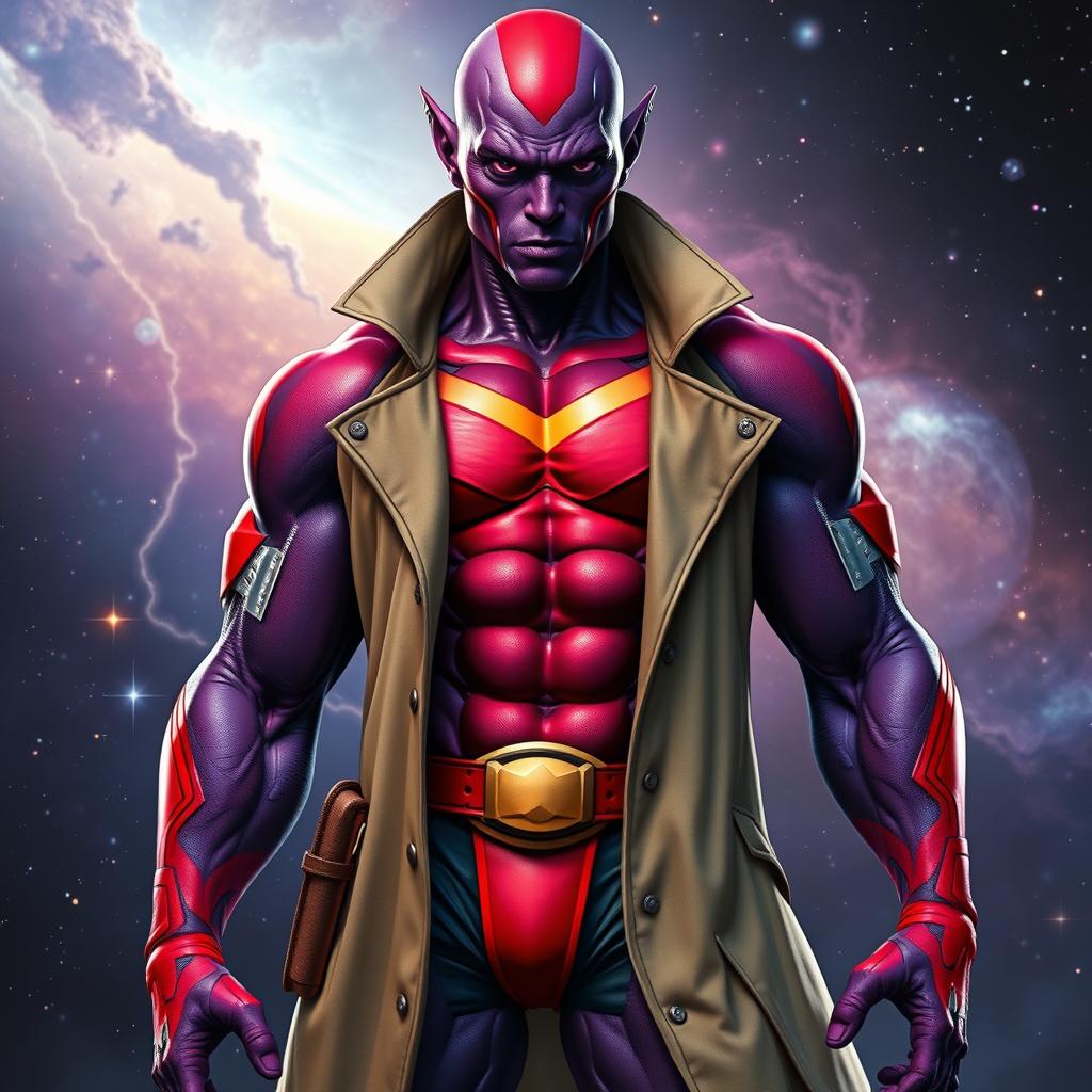 A realistic athletic alien man clad in a superhero costume inspired by Gambit and Storm from the X-Men