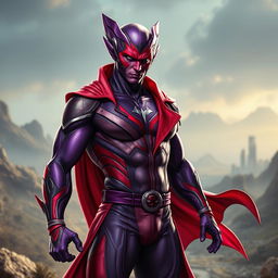 A realistic style athletic alien man resembling Gambit from X-Men, featuring striking purple and red skin