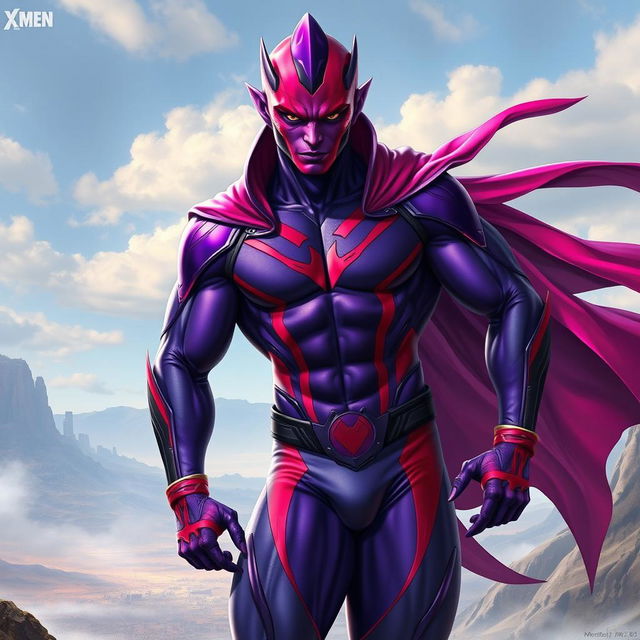 A realistic style athletic alien man resembling Gambit from X-Men, featuring striking purple and red skin