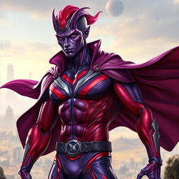 A realistic style athletic alien man resembling Gambit from X-Men, featuring striking purple and red skin