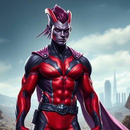 A realistic style athletic alien man resembling Gambit from X-Men, featuring striking purple and red skin