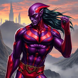 A realistic style athletic alien man resembling Gambit from X-Men, featuring striking purple and red skin