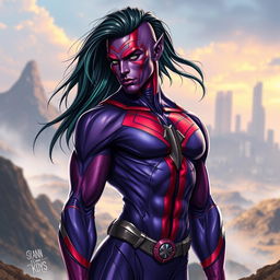 A realistic style athletic alien man resembling Gambit from X-Men, featuring striking purple and red skin