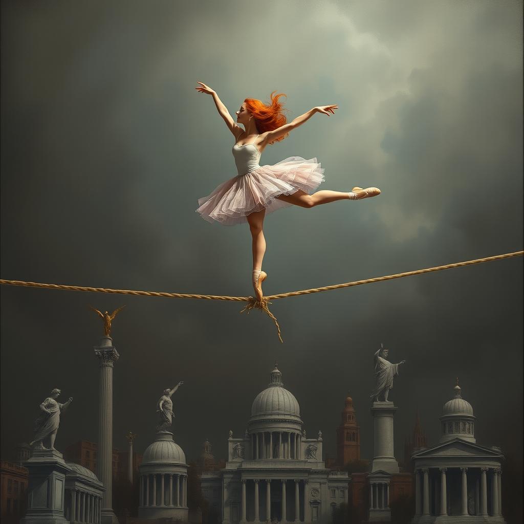 A red-haired ballerina performing gracefully on a thin rope, with the rope breaking beneath her