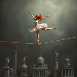 A red-haired ballerina performing gracefully on a thin rope, with the rope breaking beneath her