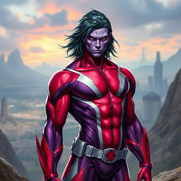 A realistic style athletic alien man resembling Gambit from X-Men, featuring striking purple and red skin