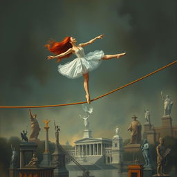 A red-haired ballerina performing gracefully on a thin rope, with the rope breaking beneath her