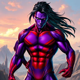 A realistic style athletic alien man resembling Gambit from X-Men, featuring striking purple and red skin