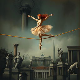 A red-haired ballerina performing gracefully on a thin rope, with the rope breaking beneath her