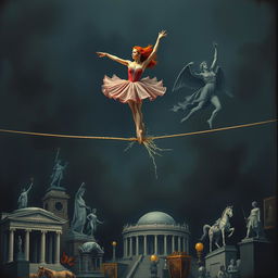 A red-haired ballerina performing gracefully on a thin rope, with the rope breaking beneath her