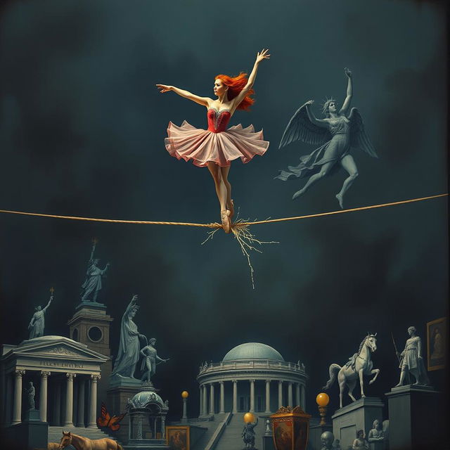 A red-haired ballerina performing gracefully on a thin rope, with the rope breaking beneath her