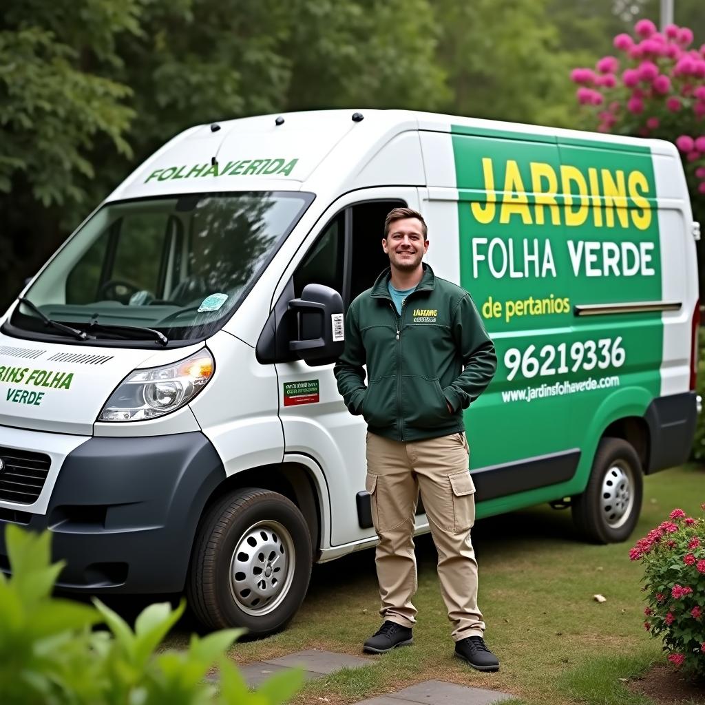 A small commercial white van prominently displaying the advertisement 'JARDINS FOLHA VERDE' along with a phone number '965219336' and the website 'www