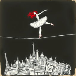 A red-haired ballerina gracefully balancing on a tightrope, with the tension of the rope breaking beneath her