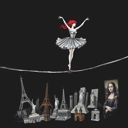 A red-haired ballerina gracefully balancing on a tightrope, with the tension of the rope breaking beneath her