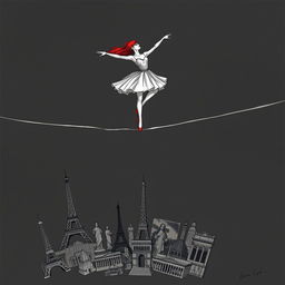 A red-haired ballerina gracefully balancing on a tightrope, with the tension of the rope breaking beneath her