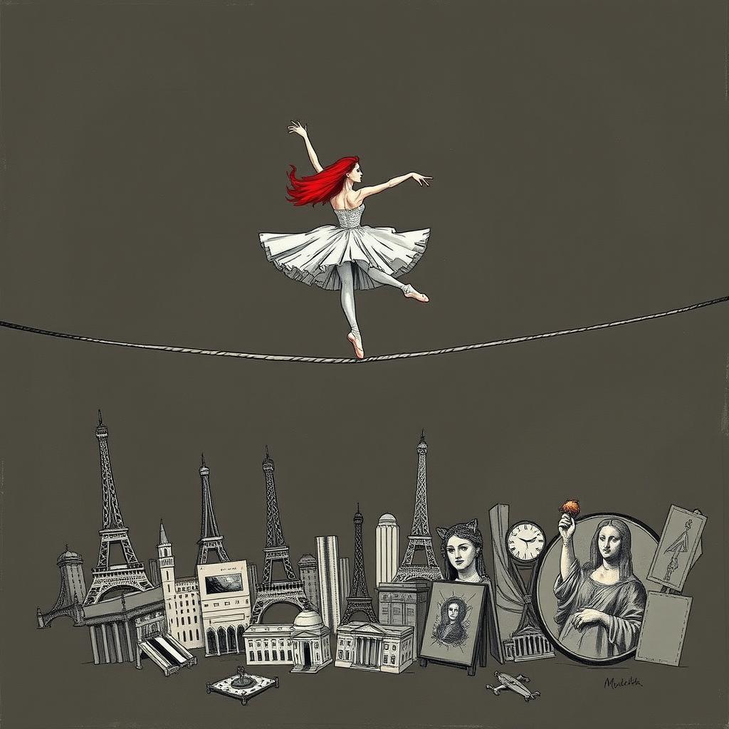 A red-haired ballerina gracefully balancing on a tightrope, with the tension of the rope breaking beneath her