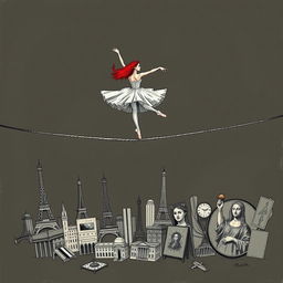 A red-haired ballerina gracefully balancing on a tightrope, with the tension of the rope breaking beneath her