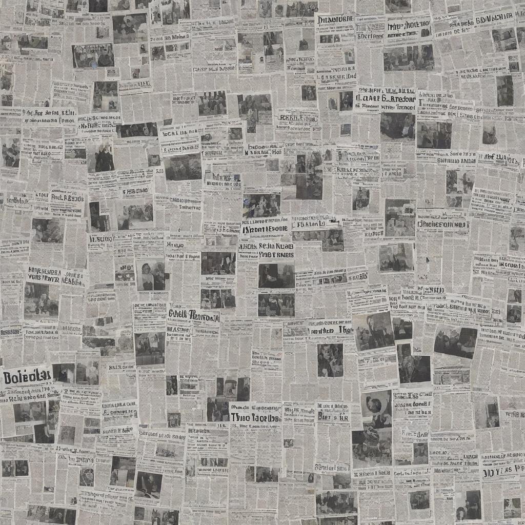 An image showcasing a montage of various newspaper front pages with different headlines, stories and photographs, encapsulating diverse themes and time periods.
