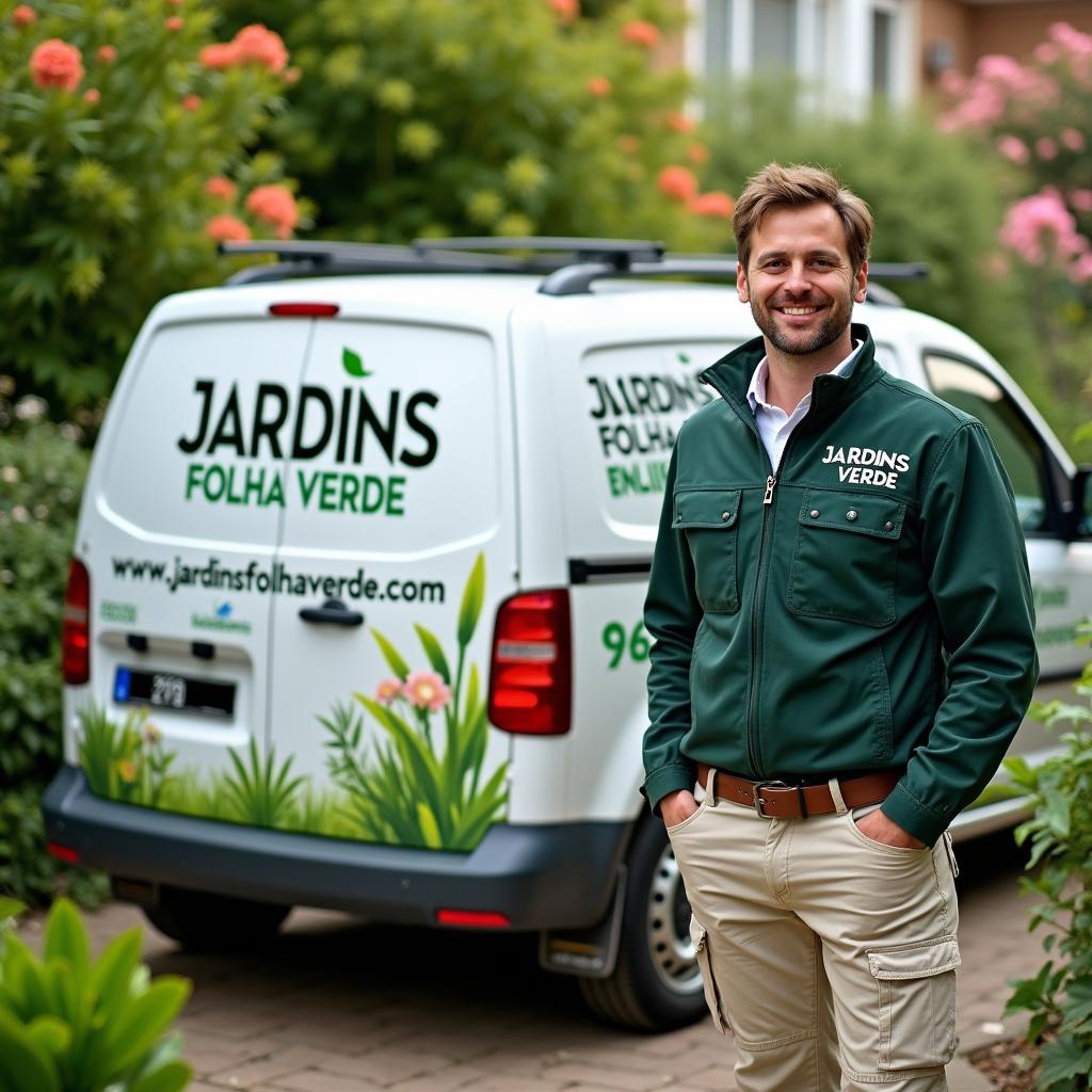 A small white commercial van featuring the advertisement 'JARDINS FOLHA VERDE' prominently displayed, along with the phone number '965 219 336' and the website 'www