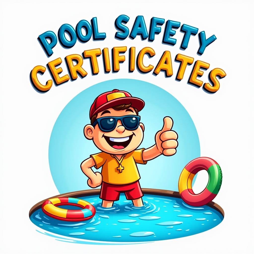 A vibrant and playful cartoon-style logo for a company named 'Pool Safety Certificates'