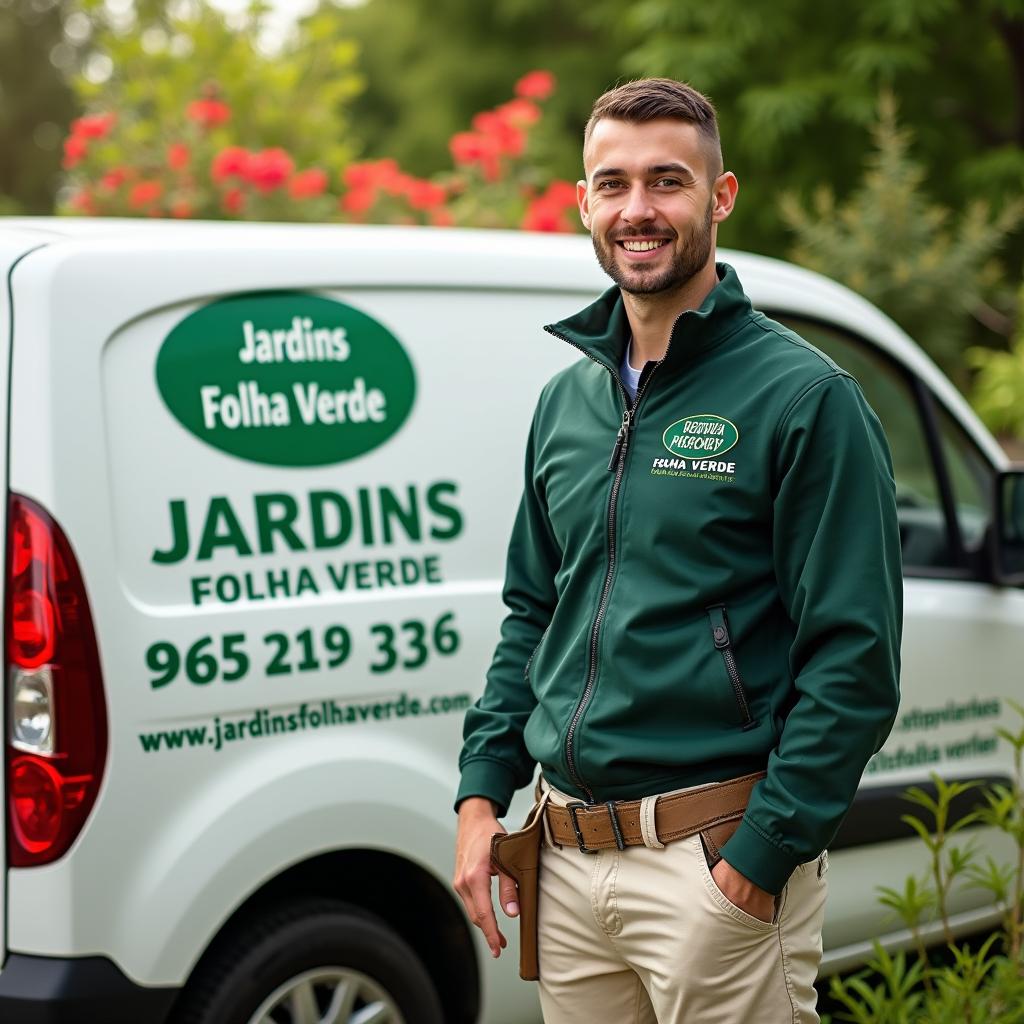 A small white commercial van displaying the advertisement 'JARDINS FOLHA VERDE', along with the phone number 965 219 336 and the website www