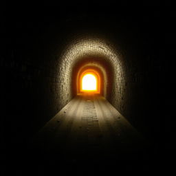 A mesmerizing scene of a dimly lit tunnel, stretching far into the distance, with a bright, warm light glowing at the far end