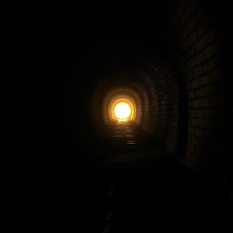 A mesmerizing scene of a dimly lit tunnel, stretching far into the distance, with a bright, warm light glowing at the far end