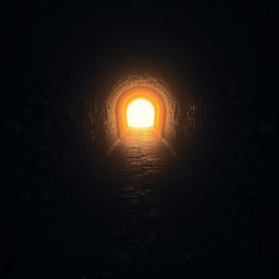 A mesmerizing scene of a dimly lit tunnel, stretching far into the distance, with a bright, warm light glowing at the far end