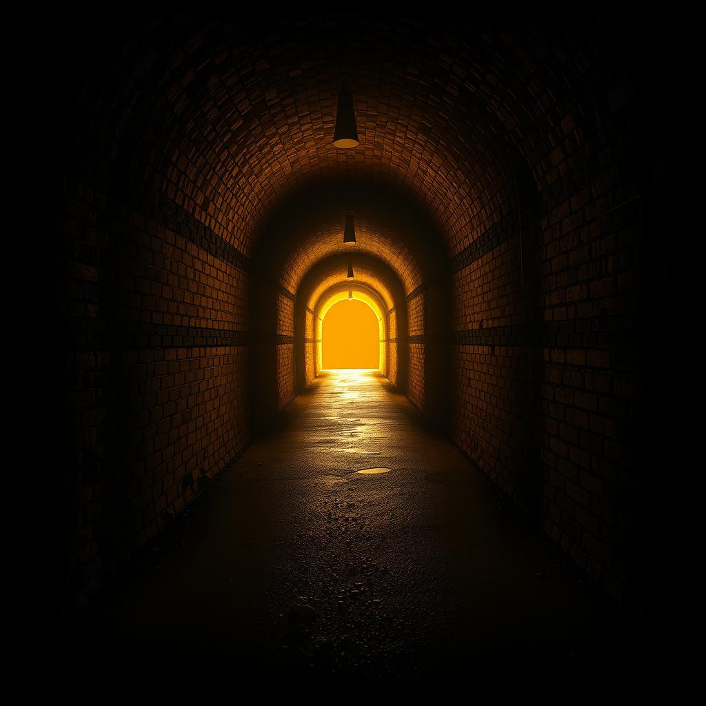 A mesmerizing scene of a dimly lit tunnel, stretching far into the distance, with a bright, warm light glowing at the far end