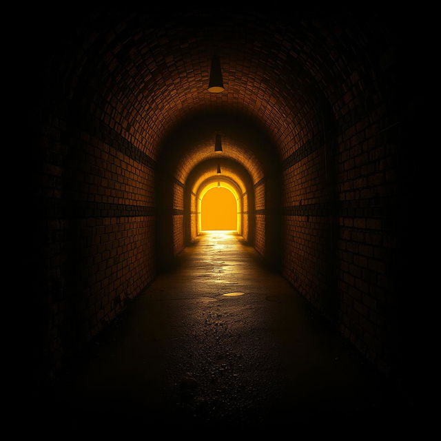 A mesmerizing scene of a dimly lit tunnel, stretching far into the distance, with a bright, warm light glowing at the far end