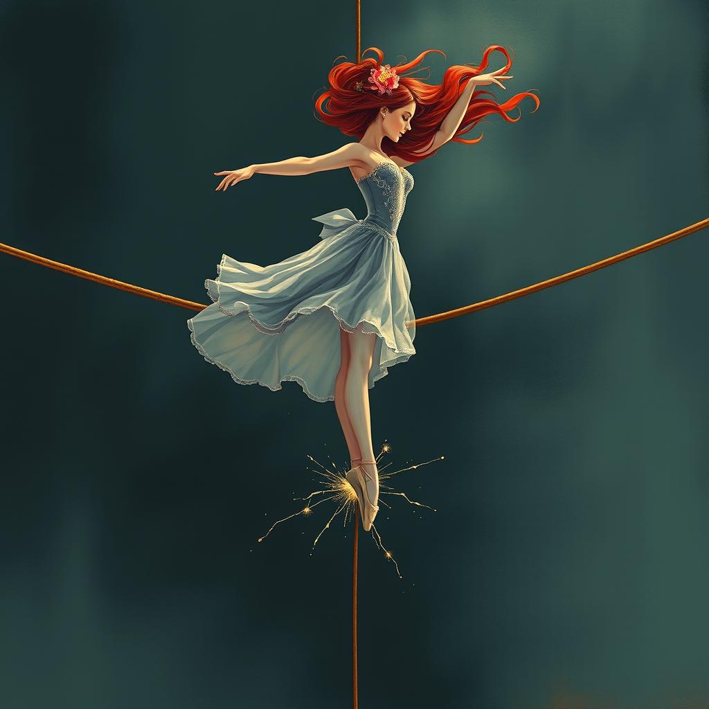 A beautiful illustration of a graceful red-haired ballerina suspended on a tightrope