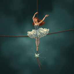 A beautiful illustration of a graceful red-haired ballerina suspended on a tightrope